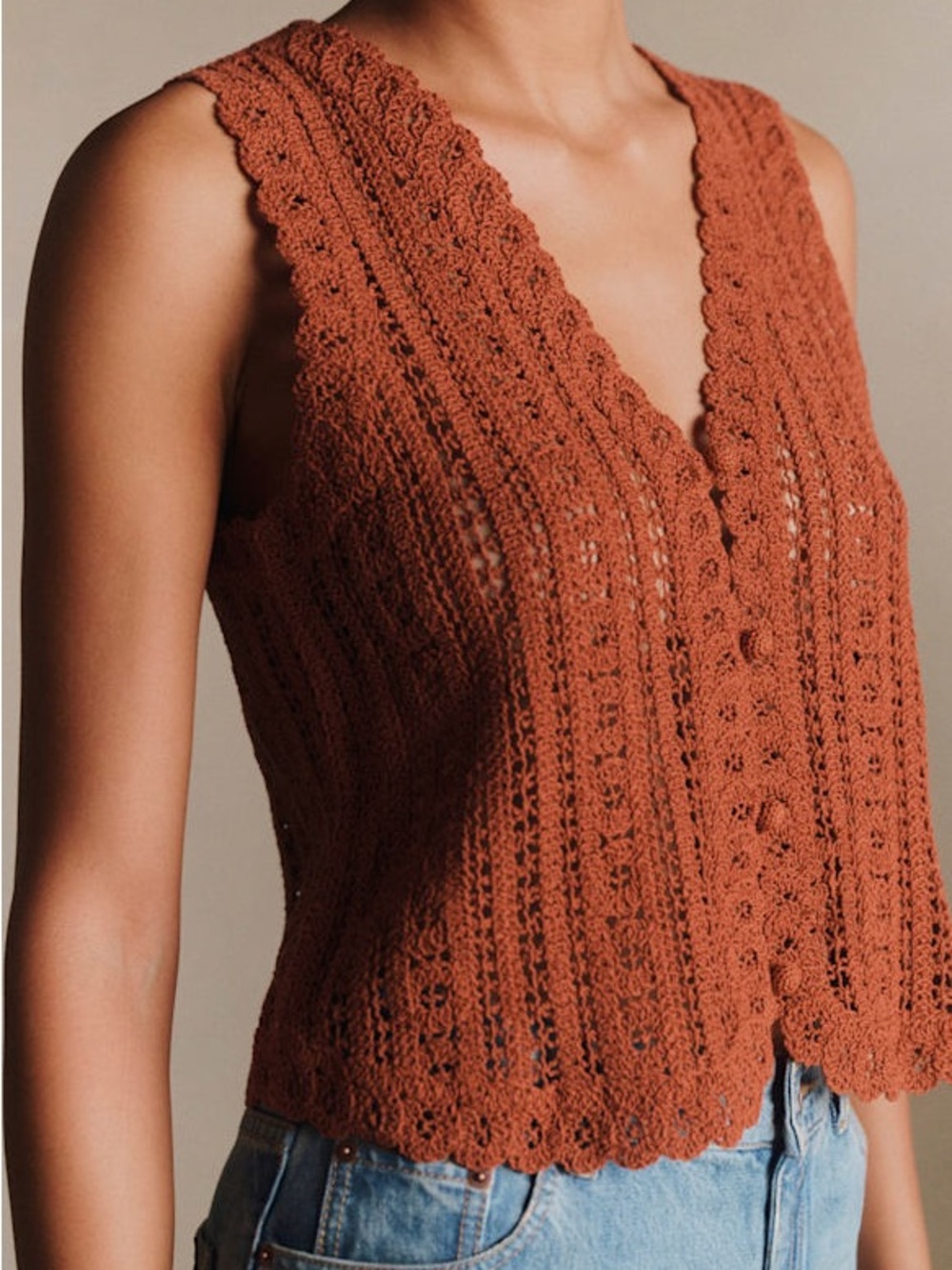 Sezane PALMINA BLOUSE Crochet Button-Front Knit Tank Top, L - Picture 3 of 7